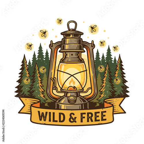 Vintage lantern glowing among pine trees and fireflies with ribbon banner reading wild and free, camping and outdoor lifestyle emblem