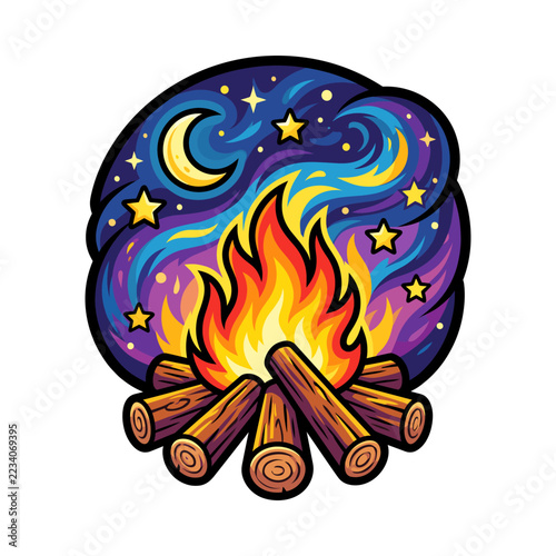 Campfire with burning logs under swirling starry night sky with crescent moon, camping and outdoor adventure sticker illustration