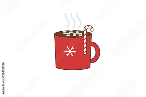 Red mug of hot cocoa with marshmallows and a candy cane