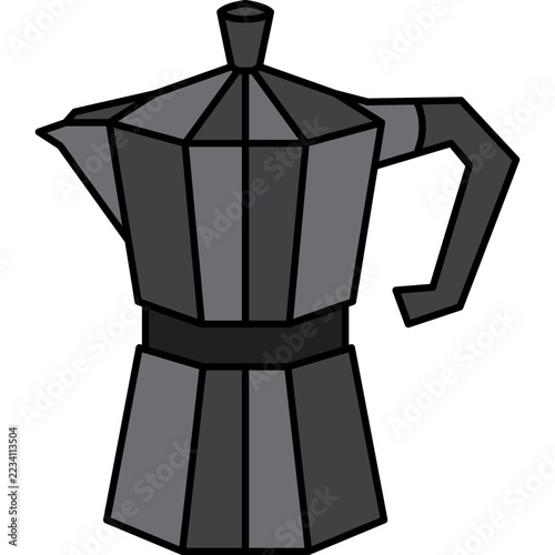 A centered geometric vector illustration of a traditional moka pot featuring a monochrome grey color palette with bold black outlines set against a stark black background.