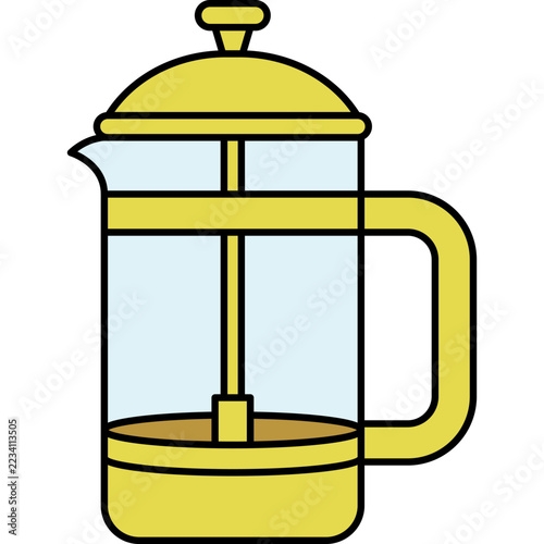 A modern yellow French press vector illustration centered on a dark background, featuring clean line art, bright primary tones, and a minimalist graphic composition.
