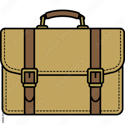 Minimalist flat vector illustration of a vintage tan leather briefcase featuring brown straps gold buckles detailed stitching and centered composition against a solid black background.