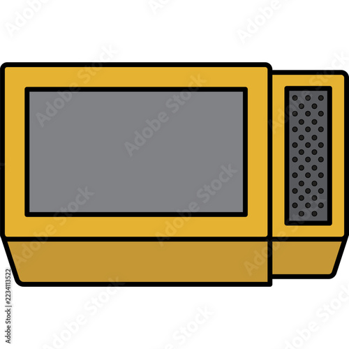 Flat vector illustration of a vintage yellow microwave oven featuring a gray door window and perforated control panel, set against a dark black background with bold outline styling.