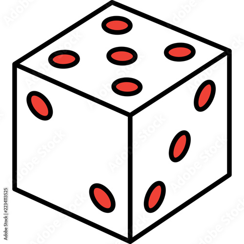A clean isometric vector illustration of a white playing die featuring red dots and thick black outlines, centered against a dark background with a playful, graphic mood.