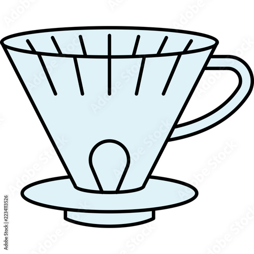 A clean minimalist vector graphic featuring a modern pour over coffee dripper in pale light blue with bold black outlines, set against a solid dark background for a contemporary cafe aesthetic.
