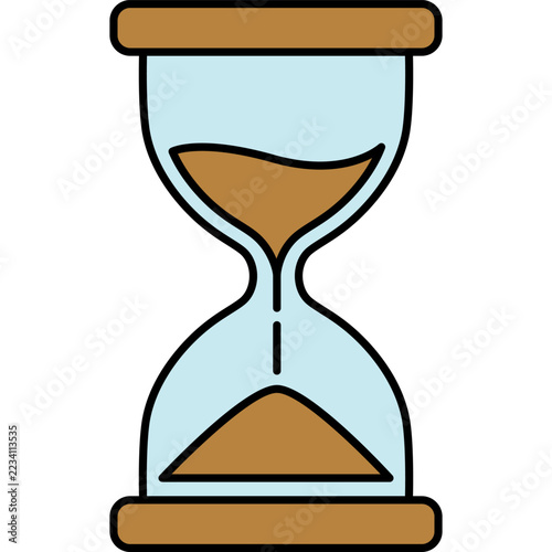 Centrally composed vector illustration of a vintage hourglass with brown wooden ends, light blue glass, and flowing sand against a solid dark background.