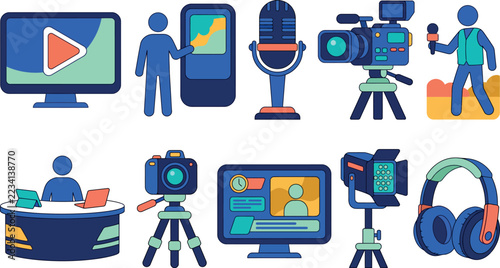Set of media production and broadcasting equipment icons