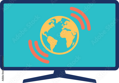 Computer monitor displaying a global network signal icon