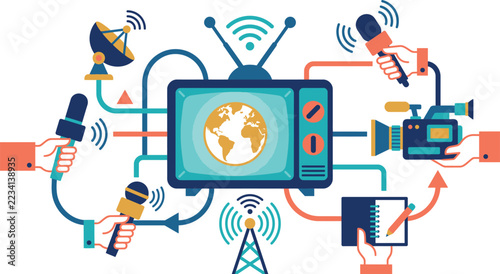 Mass media news report concept with television and microphones