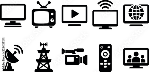 Set of black television and broadcasting media icons