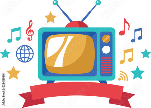 Retro television set with music notes and a red ribbon banner