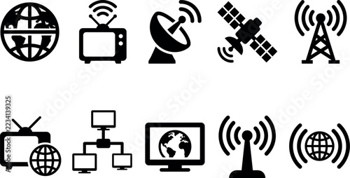 Set of ten black communication and global technology icons