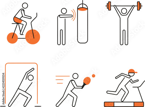 Minimalist orange line art fitness icons,矢量 sport illustration set with cycling, running, and weightlifting poses, pictogram vector graphic for exercise apps and gym design