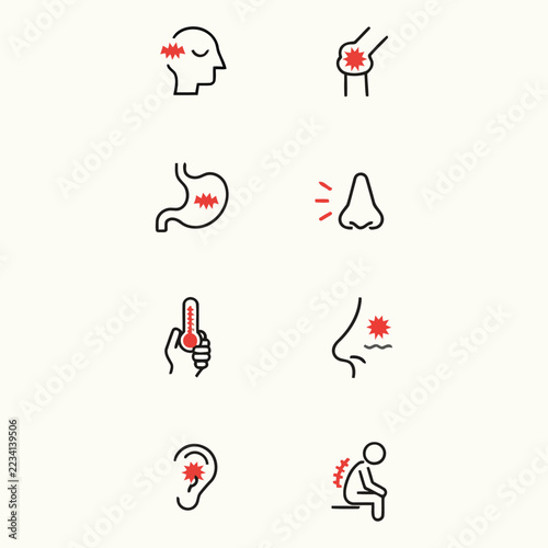 Minimalist Medical Pain Icons, Red Body Symptom Illustrations. Vector Health Disease Set for Apps.