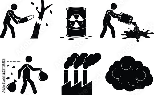 Black environmental pollution pictograms, deforestation and toxic waste vector icons. Industrial smog, pollution cloud and ecological destruction set for green initiatives.