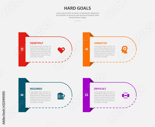 hard goals infographic template with four point outline ribbon tab dashed fold layout, outline style