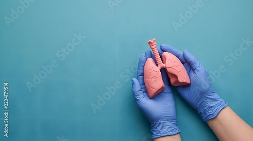 Doctor hands in blue gloves holding anatomical lung model on teal background
