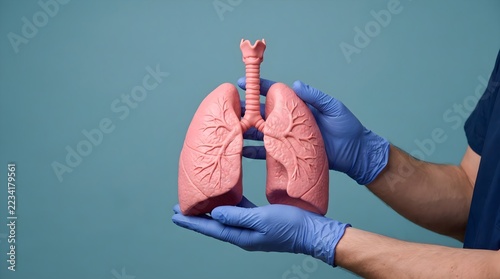 Doctor holding anatomical human lung model for medical examination on blue background