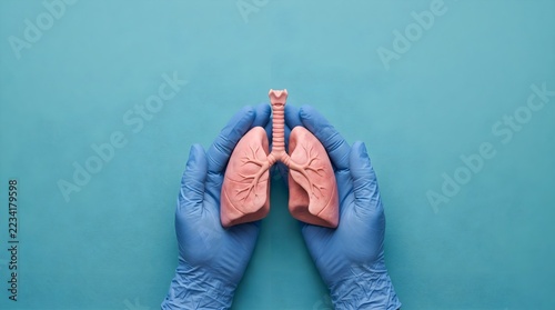 Doctor hands in blue gloves holding anatomical human lungs model on teal background
