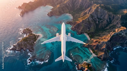 Airplane flying over tropical island coastline with turquoise water at golden hour sunset