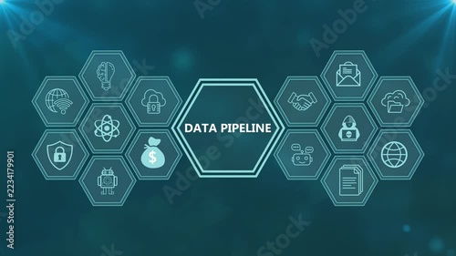 Data pipeline concept with connected glowing tech icons on blue background for modern digital information networking