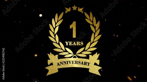 happy first year anniversary gold text with particle gold in black background. 1st year anniversary celebration