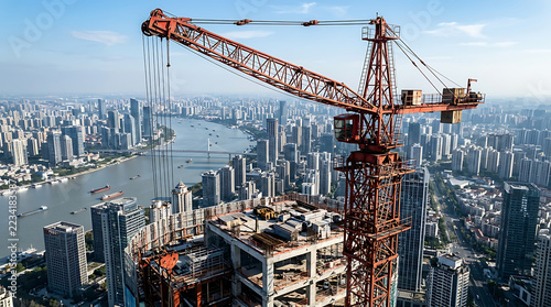 Two Cranes at Urban Site Overlooking City Skyline