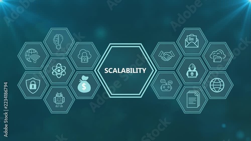 Scalability concept with digital business technology symbols and glowing network connections on blue background