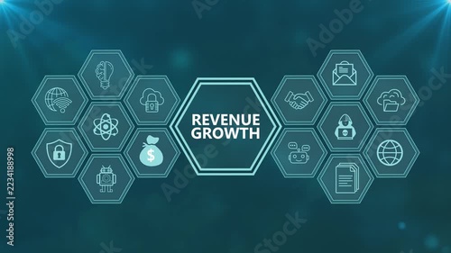Revenue growth business concept with glowing digital hexagons and icons on a dark blue tech background for enterprise