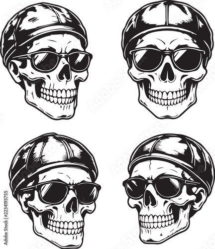 Skull rider wearing cycling cap and sunglasses vector illustration set