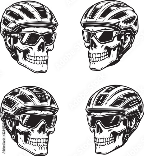 Skull cyclist wearing safety bike helmet and sport sunglasses vector set