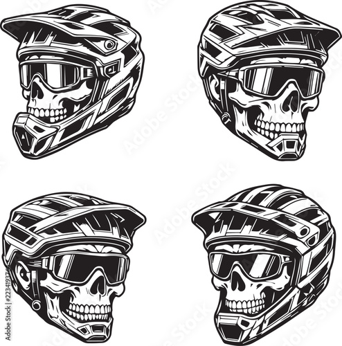 Skull motorcycle rider wearing motocross helmet and goggles vector set
