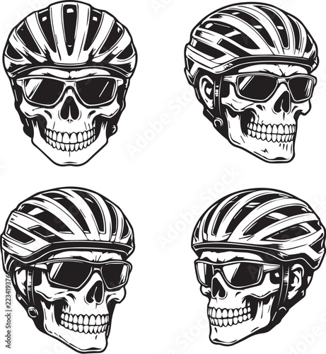 Skull cyclist wearing road bike helmet and sunglasses vector set