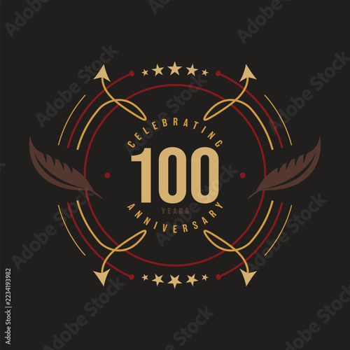 100 Years Anniversary Celebration Emblem with Vintage Feather Ornaments, Stars and Gold Circular Vector Design