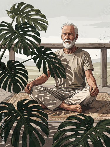 Serene senior bearded man meditating in lotus position on a sunny wooden balcony behind large green tropical monstera leaves. Digital illustration of healthy mindful aging.