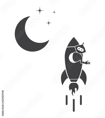 robot AI in spaceship rocket launch to moon icon