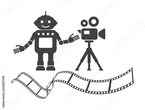 Friendly robot standing next to retro cinema camera on tripod near twisted photographic film strip, artificial intelligence video generation and media production icon.