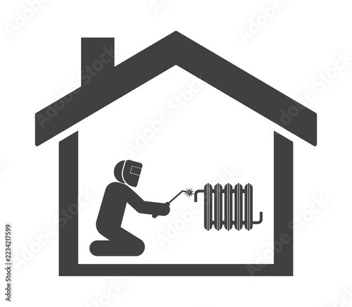 Welder in protective mask repairing gas pipe and heating radiator battery inside house icon.