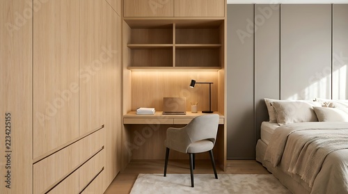 Modern Bedroom Interior with Integrated Desk and Wardrobe in Warm Wood Tones.