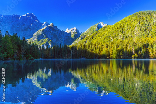 Lago di Fusine Lake and Mount Mangart Reflected in the Water, Julian Alps, Italy
