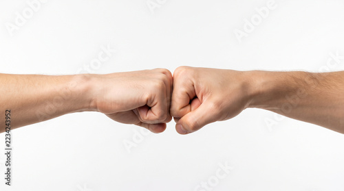 Two hands giving a fist bump against a clean white background, representing agreement, partnership, and solidarity