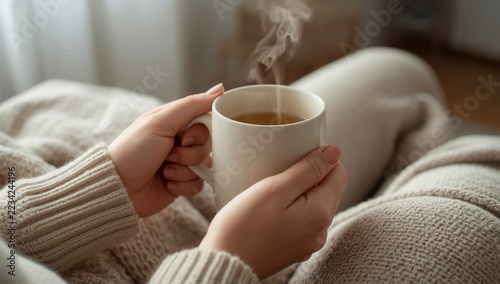 Woman Enjoying a Hot Cup of Coffee or Tea at a Table in the Early Morning, Using a Laptop for a Relaxed Lifestyle and Cozy Breakfast Moment