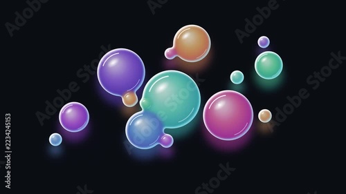 Colorful glowing liquid bubbles and spheres floating in dark space abstract background illustration