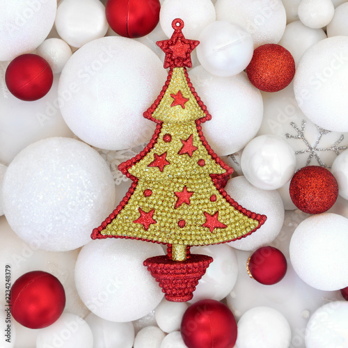 Gold and red Christmas tree and sphere ball shape Xmas decorations background. Festiive design for holiday season greeting card.