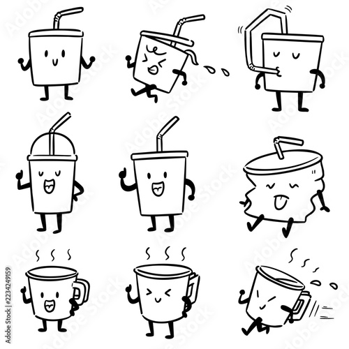 Funny drink cups with faces hand drawn doodle style vector illustration