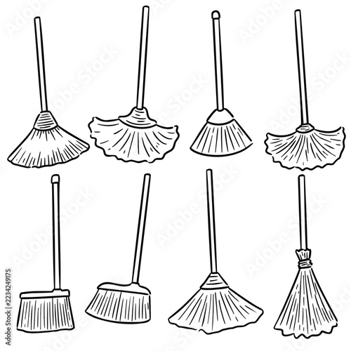 Broom and cleaning tools hand drawn doodle style vector illustration