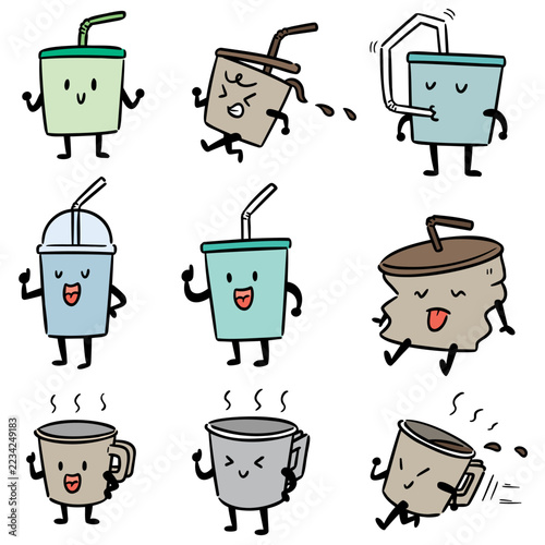 Funny drink cups with faces hand drawn doodle style vector illustration