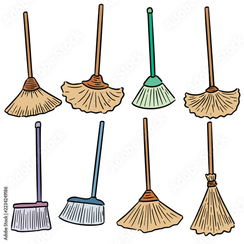 Broom and cleaning tools hand drawn doodle style vector illustration