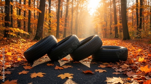 Four car tires lie on asphalt road in autumn forest. New black rubber wheels rest on ground covered with orange fallen maple leaves. Golden sunlight shines through trees in scenic woods. Seasonal car
