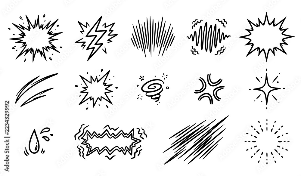 Fototapeta premium Anime Cartoon Shock Surprise and Emotional Reaction Doodle Vector Elements